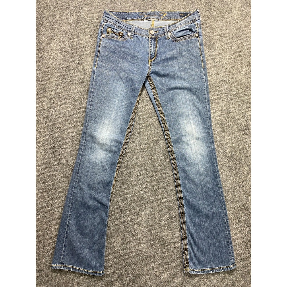 Seven7 Baby Boot Jeans Womens 30 Medium Wash Rhinestone Thick Stitch Bootcut Low